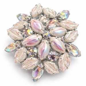 Vintage Aurora Borealis Rhinestone Brooch Iridescent Leaf Cluster Regency Glam